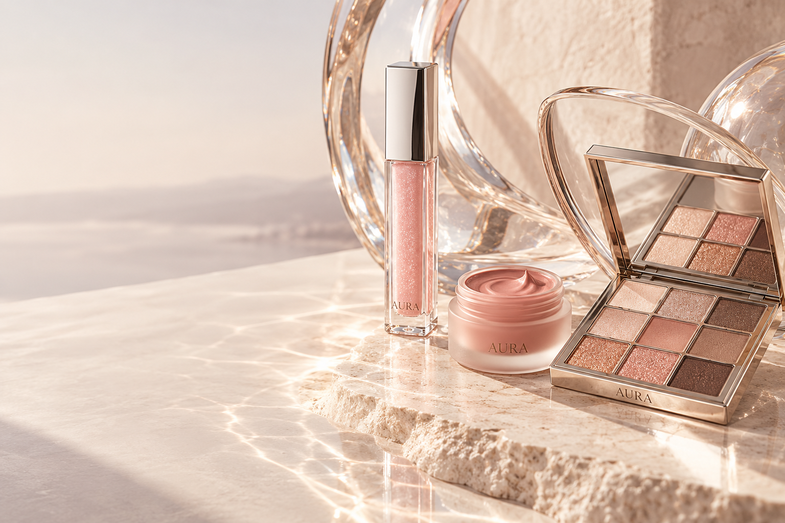 La collection de maquillage AURA dans un décor de verre et de lumière
